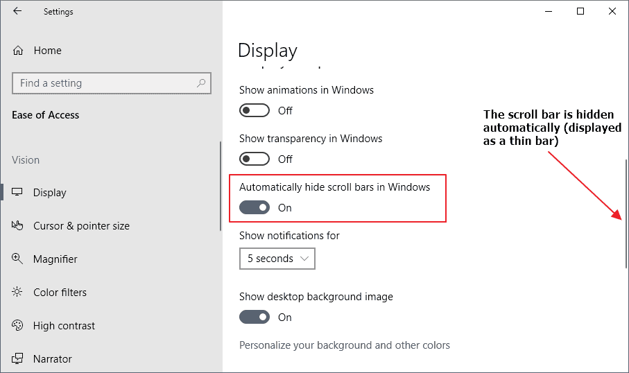 Автоматическое скрытие полос прокрутки в windows 10 что это
