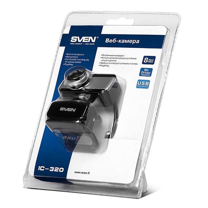 SVEN IC-320 упакована в пластиковый блистер – перед покупкой можно рассмотреть камеру со всех сторон Не вскрывая упаковку, пользователь может ознакомиться с основными параметрами вебки, которые перечислены на картонной вставке
